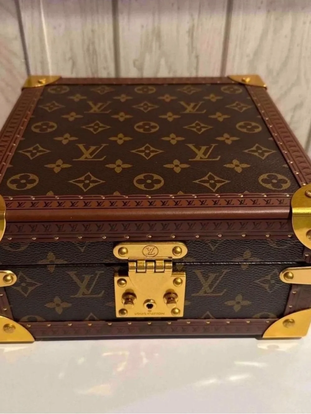 Brown LV Monogram Jewelry Trunk with Light Blue Interior